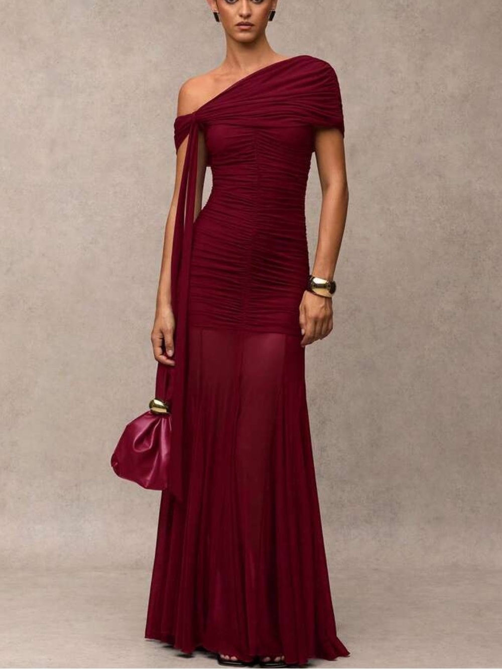 Elegant One-Shoulder Burgundy Evening Dress